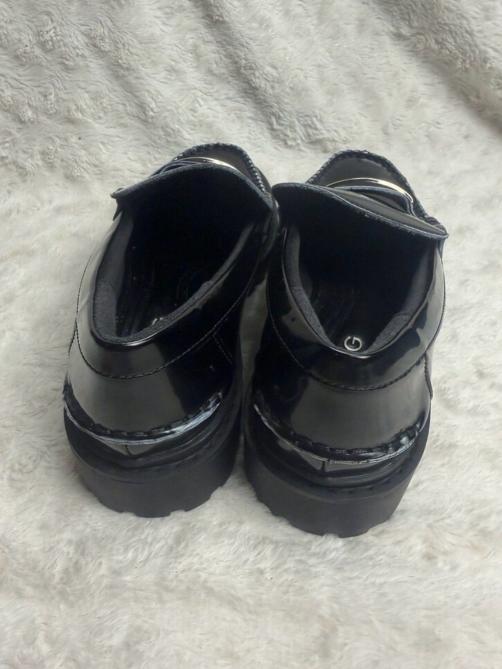 BCBG Black Patent Leather Laney Lug Penny Loafers with Gold Vamp Buckle Preppy - Picture 5 of 16